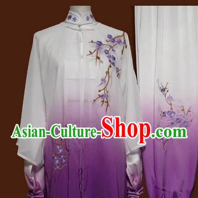 Asian Chinese Top Grade Silk Kung Fu Costume Martial Arts Tai Chi Training Suit, China Gongfu Shaolin Wushu Embroidery Wintersweet Gradient Purple Uniform for Women