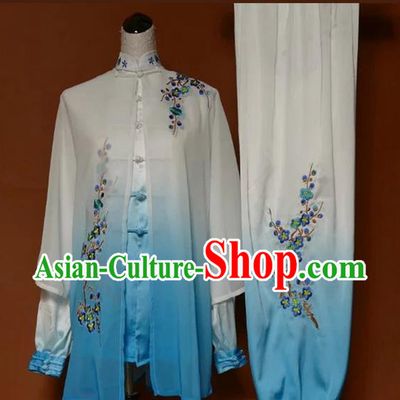 Asian Chinese Top Grade Silk Kung Fu Costume Martial Arts Tai Chi Training Suit, China Gongfu Shaolin Wushu Embroidery Wintersweet Gradient Blue Uniform for Women