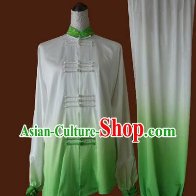 Asian Chinese Top Grade Silk Kung Fu Costume Martial Arts Tai Chi Training Suit, China Gongfu Shaolin Wushu Gradient Green Uniform for Women