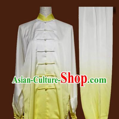 Asian Chinese Top Grade Silk Kung Fu Costume Martial Arts Tai Chi Training Suit, China Gongfu Shaolin Wushu Gradient Yellow Uniform for Women