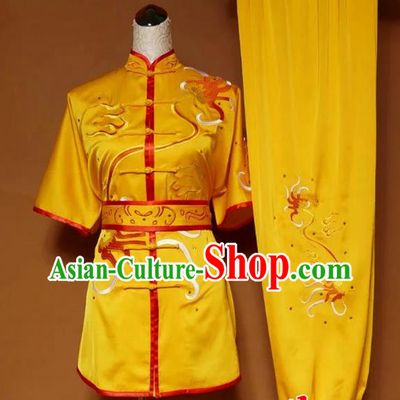 Asian Chinese Top Grade Silk Kung Fu Costume Martial Arts Tai Chi Training Suit, China Gongfu Shaolin Wushu Yellow Embroidery Uniform for Women