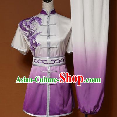 Top Grade Kung Fu Costume Asian Chinese Martial Arts Tai Chi Training Purple Uniform, China Embroidery Phoenix Gongfu Shaolin Wushu Clothing for Women