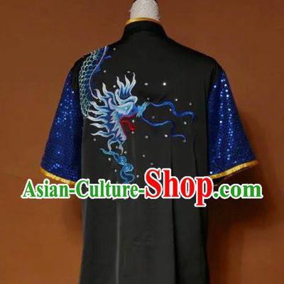 Top Grade Kung Fu Silk Costume Asian Chinese Martial Arts Tai Chi Training Black Uniform, China Embroidery Dragon Paillette Gongfu Shaolin Wushu Clothing for Men