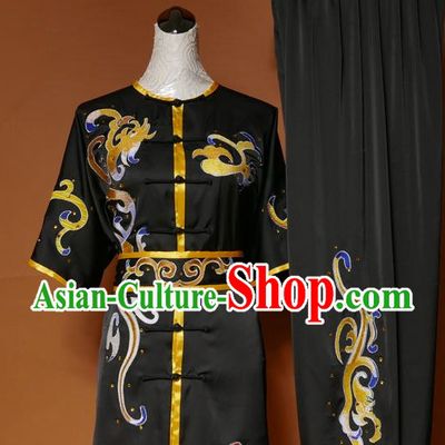 Top Grade Kung Fu Silk Costume Asian Chinese Martial Arts Tai Chi Training Black Short Sleeve Uniform, China Embroidery Gongfu Shaolin Wushu Clothing for Men