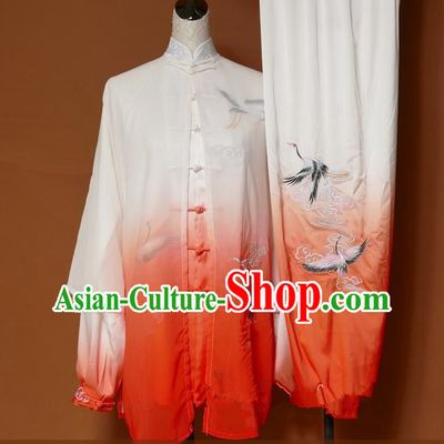 Top Grade Kung Fu Silk Costume Asian Chinese Martial Arts Tai Chi Training Orange Uniform, China Embroidery Crane Gongfu Shaolin Wushu Clothing for Men
