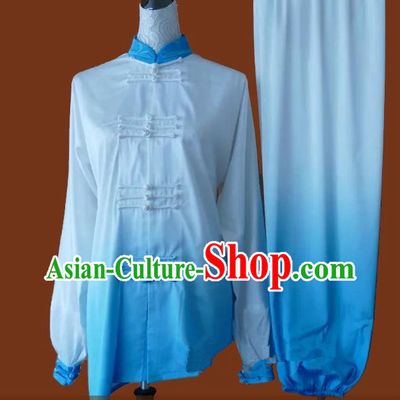 Top Grade Kung Fu Silk Costume Asian Chinese Martial Arts Tai Chi Training Blue Uniform, China Plated Buttons Gongfu Shaolin Wushu Clothing for Men for Women