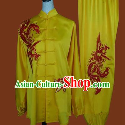 Top Grade Kung Fu Silk Costume Asian Chinese Martial Arts Tai Chi Training Yellow Uniform, China Embroidery Phoenix Gongfu Shaolin Wushu Clothing for Men for Women