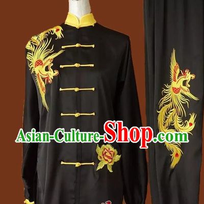 Top Grade Kung Fu Silk Costume Asian Chinese Martial Arts Tai Chi Training Black Uniform, China Embroidery Phoenix Gongfu Shaolin Wushu Clothing for Men for Women