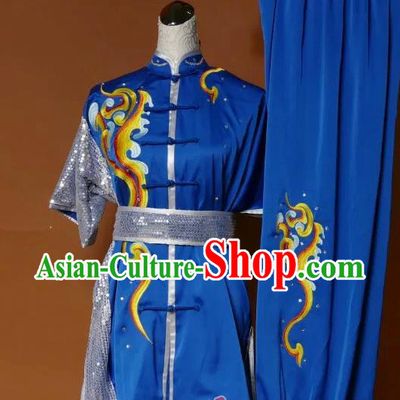 Top Grade Kung Fu Silk Costume Asian Chinese Martial Arts Tai Chi Training Blue Paillette Uniform, China Embroidery Gongfu Shaolin Wushu Clothing for Women for Men