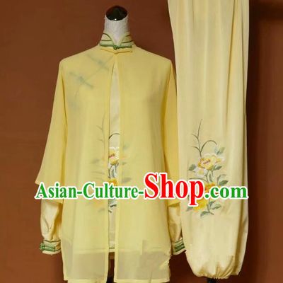 Top Grade Kung Fu Silk Costume Asian Chinese Martial Arts Tai Chi Training Yellow Uniform, China Embroidery Peony Gongfu Shaolin Wushu Clothing for Women