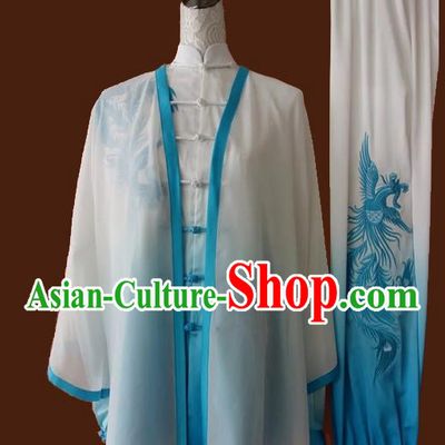 Top Grade Kung Fu Silk Costume Asian Chinese Martial Arts Tai Chi Training Gradient Blue Uniform, China Embroidery Phoenix Gongfu Shaolin Wushu Clothing for Women