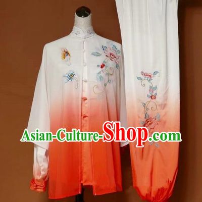 Top Grade Kung Fu Silk Costume Asian Chinese Martial Arts Tai Chi Training Gradient Orange Uniform, China Embroidery Peony Gongfu Shaolin Wushu Clothing for Women
