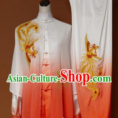 Top Grade Kung Fu Silk Costume Asian Chinese Martial Arts Tai Chi Training Gradient Orange Uniform, China Embroidery Phoenix Gongfu Shaolin Wushu Clothing for Women