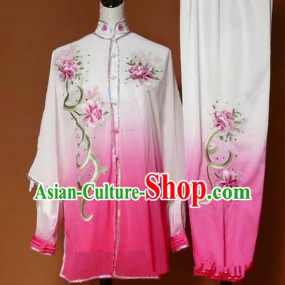 Top Grade Kung Fu Silk Costume Asian Chinese Martial Arts Tai Chi Training Pink Uniform, China Embroidery Peony Gongfu Shaolin Wushu Clothing for Women