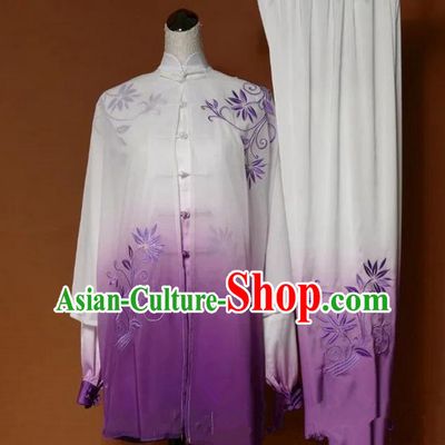Top Grade Kung Fu Silk Costume Asian Chinese Martial Arts Tai Chi Training Gradient Purple Uniform, China Embroidery Leaf Gongfu Shaolin Wushu Clothing for Women