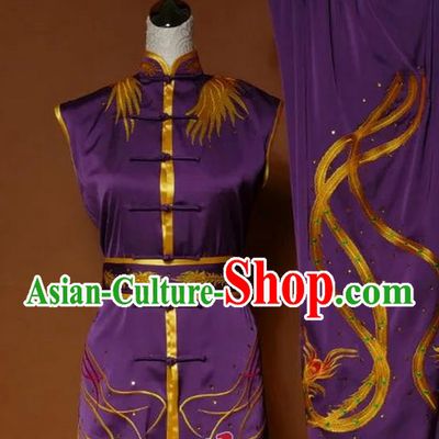 Top Grade Kung Fu Silk Costume Asian Chinese Martial Arts Tai Chi Training Gradient Purple Uniform, China Embroidery Phoenix Gongfu Shaolin Wushu Clothing for Women