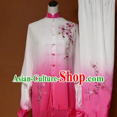 Top Grade Kung Fu Silk Costume Asian Chinese Martial Arts Tai Chi Training Gradient Pink Uniform, China Embroidery Plum Blossom Gongfu Shaolin Wushu Clothing for Women