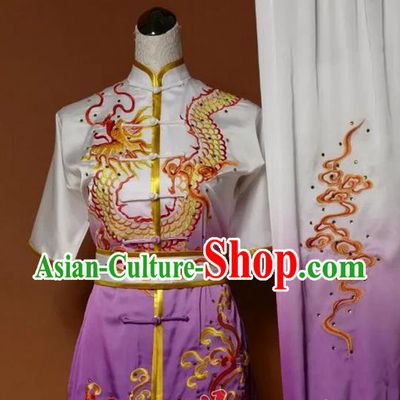 Top Grade Kung Fu Silk Costume Asian Chinese Martial Arts Tai Chi Training Gradient Purple Uniform, China Embroidery Dragon Gongfu Shaolin Wushu Clothing for Men