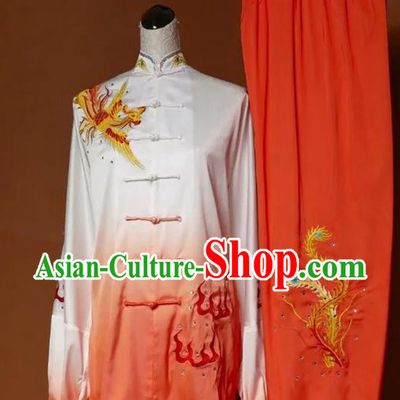 Top Grade Kung Fu Silk Costume Asian Chinese Martial Arts Tai Chi Training Gradient Orange Uniform, China Embroidery Phoenix Gongfu Shaolin Wushu Clothing for Women