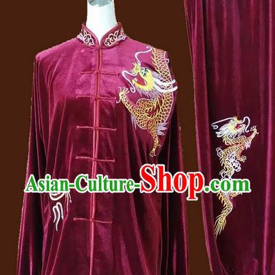 Top Grade Kung Fu Velvet Costume Asian Chinese Martial Arts Tai Chi Training Wine Red Uniform, China Embroidery Dragon Gongfu Shaolin Wushu Clothing for Women