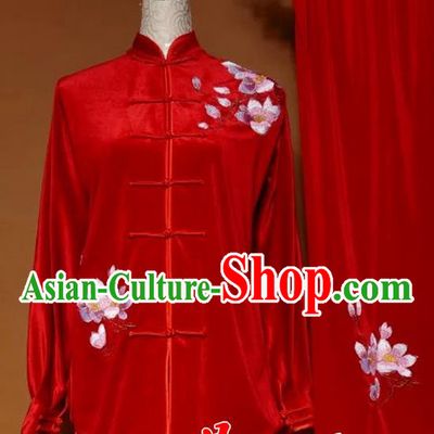 Top Grade Kung Fu Velvet Costume Asian Chinese Martial Arts Tai Chi Training Red Uniform, China Embroidery Magnolia Flower Gongfu Shaolin Wushu Clothing for Women