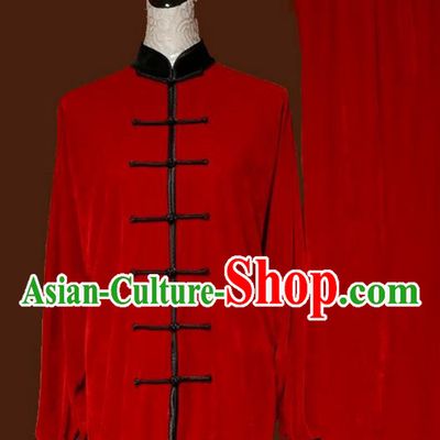Top Grade Kung Fu Velvet Costume Asian Chinese Martial Arts Tai Chi Training Red Uniform, China Plated Buttons Gongfu Shaolin Wushu Clothing for Women