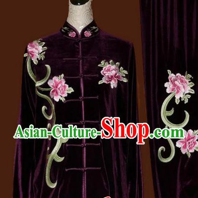 Top Grade Kung Fu Velvet Costume Asian Chinese Martial Arts Tai Chi Training Purple Uniform, China Embroidery Peony Gongfu Shaolin Wushu Clothing for Women