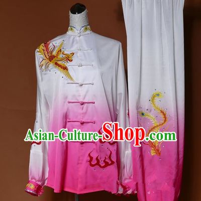 Top Grade Kung Fu Silk Costume Asian Chinese Martial Arts Tai Chi Training Pink Uniform, China Embroidery Phoenix Gongfu Shaolin Wushu Clothing for Women