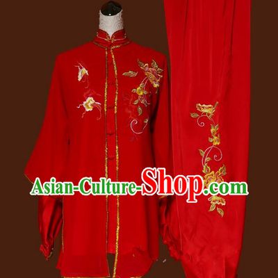 Top Grade Kung Fu Silk Costume Asian Chinese Martial Arts Tai Chi Training Red Uniform, China Embroidery Peony Gongfu Shaolin Wushu Clothing for Women