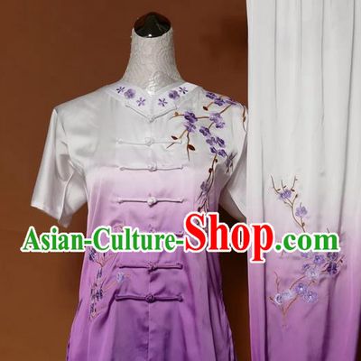 Asian Chinese Top Grade Silk Kung Fu Costume Martial Arts Tai Chi Training Gradient Purple Uniform, China Embroidery Plum Blossom Gongfu Shaolin Wushu Clothing for Women