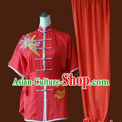 Asian Chinese Top Grade Silk Kung Fu Costume Martial Arts Tai Chi Training Red Suit, China Embroidery Phoenix Gongfu Shaolin Wushu Uniform for Women