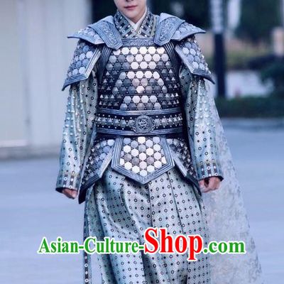 Asian Chinese Traditional Ancient General Costume and Headpiece Complete Set, Lost Love In Times China Northern and Southern Dynasties Warrior Armour Clothing for Men