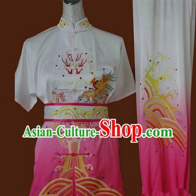Asian Chinese Top Grade Silk Kung Fu Costume Martial Arts Tai Chi Training Suit, China Gongfu Shaolin Wushu Embroidery Dragon Pink Uniform for Women