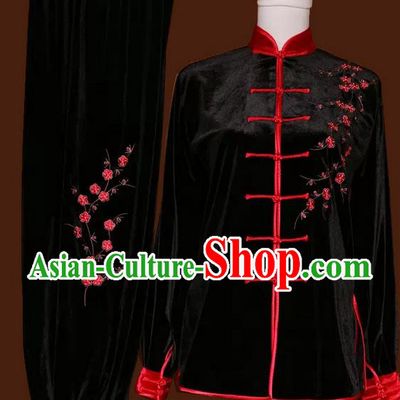 Asian Chinese Top Grade Velvet Kung Fu Costume Martial Arts Tai Chi Training Suit, China Gongfu Shaolin Wushu Embroidery Red Plum Blossom Black Uniform for Women