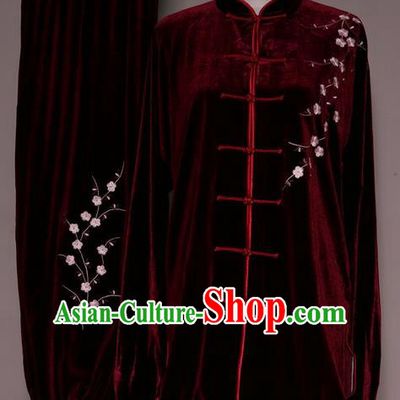 Asian Chinese Top Grade Velvet Kung Fu Costume Martial Arts Tai Chi Training Suit, China Gongfu Shaolin Wushu Embroidery Red Plum Blossom Wine Red Uniform for Women