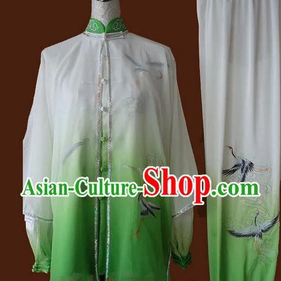 Asian Chinese Top Grade Silk Kung Fu Costume Martial Arts Tai Chi Training Suit, China Gongfu Shaolin Wushu Embroidery Crane Green Uniform for Men