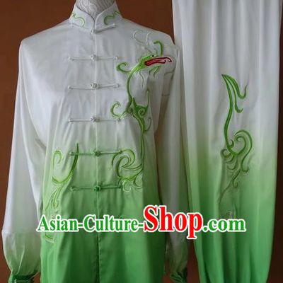 Asian Chinese Top Grade Silk Kung Fu Costume Martial Arts Tai Chi Training Suit, China Gongfu Shaolin Wushu Embroidery Green Uniform for Men