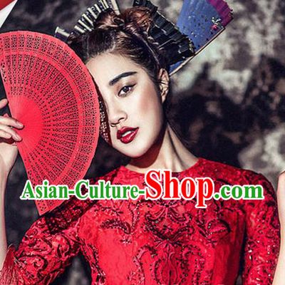 Traditional Chinese Crafts Folding Fan China Sensu Incense Wood Red Fan