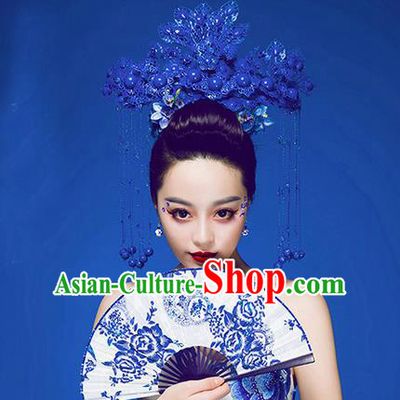 Traditional Chinese Crafts Folding Fan China Sensu Blue and White Porcelain Fan