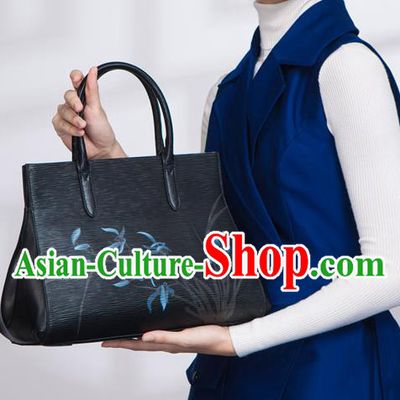 Traditional Handmade Asian Chinese Element Black Clutch Bags Shoulder Bag National Printing Orchid Flowers Handbag for Women