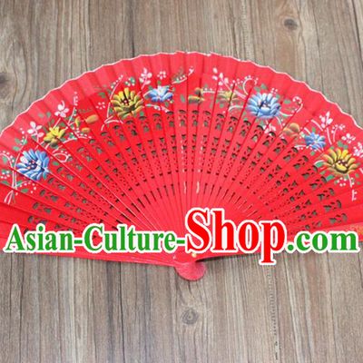 Traditional Chinese Crafts Beauty Folding Fan China Palace Red Fan Imperial Consort Wood Bride Fans for Women