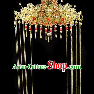Traditional Handmade Chinese Ancient Classical Hair Accessories, Tassel Step Shake Phoenix Coronet, Bride Hair Fascinators Hairpins for Women