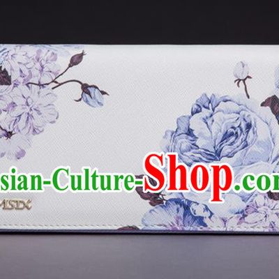 Traditional Handmade Asian Chinese Element Printing Peony Wallet National Handbag White Purse for Women