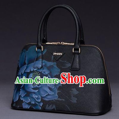 Traditional Handmade Asian Chinese Element Printing Peony Shoulder Bags National Black Handbag for Women