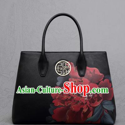 Traditional Handmade Asian Chinese Element Clutch Bags Shoulder Bag National Printing Peony Black Handbag for Women