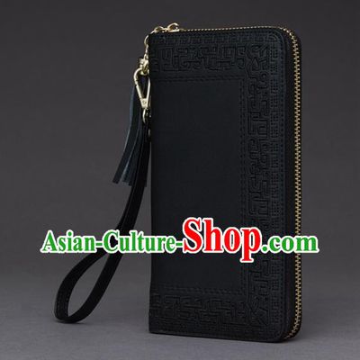 Traditional Handmade Asian Chinese Element Embroidery Wallet National Handbag Black Purse for Women