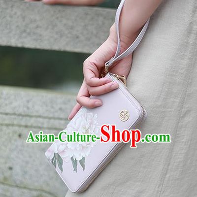 Traditional Handmade Asian Chinese Element Printing Peony Flowers Wallet National Handbag Lilac Purse for Women