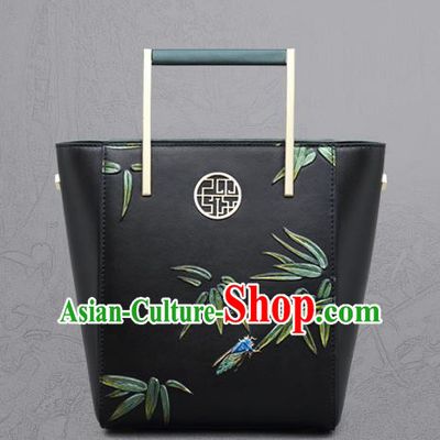 Traditional Handmade Asian Chinese Element Clutch Bags Shoulder Bag National Knurling Bamboo Leaves Leather Handbag for Women