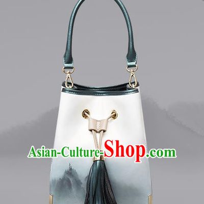 Traditional Handmade Asian Chinese Element Clutch Bags Shoulder Bucket Bag National Ink Painting Handbag for Women