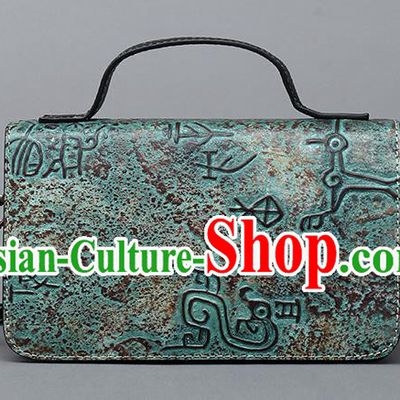 Traditional Handmade Asian Chinese Element Haversack Clutch Bags Shoulder Bag National Bronze Pattern Green Handbag for Women